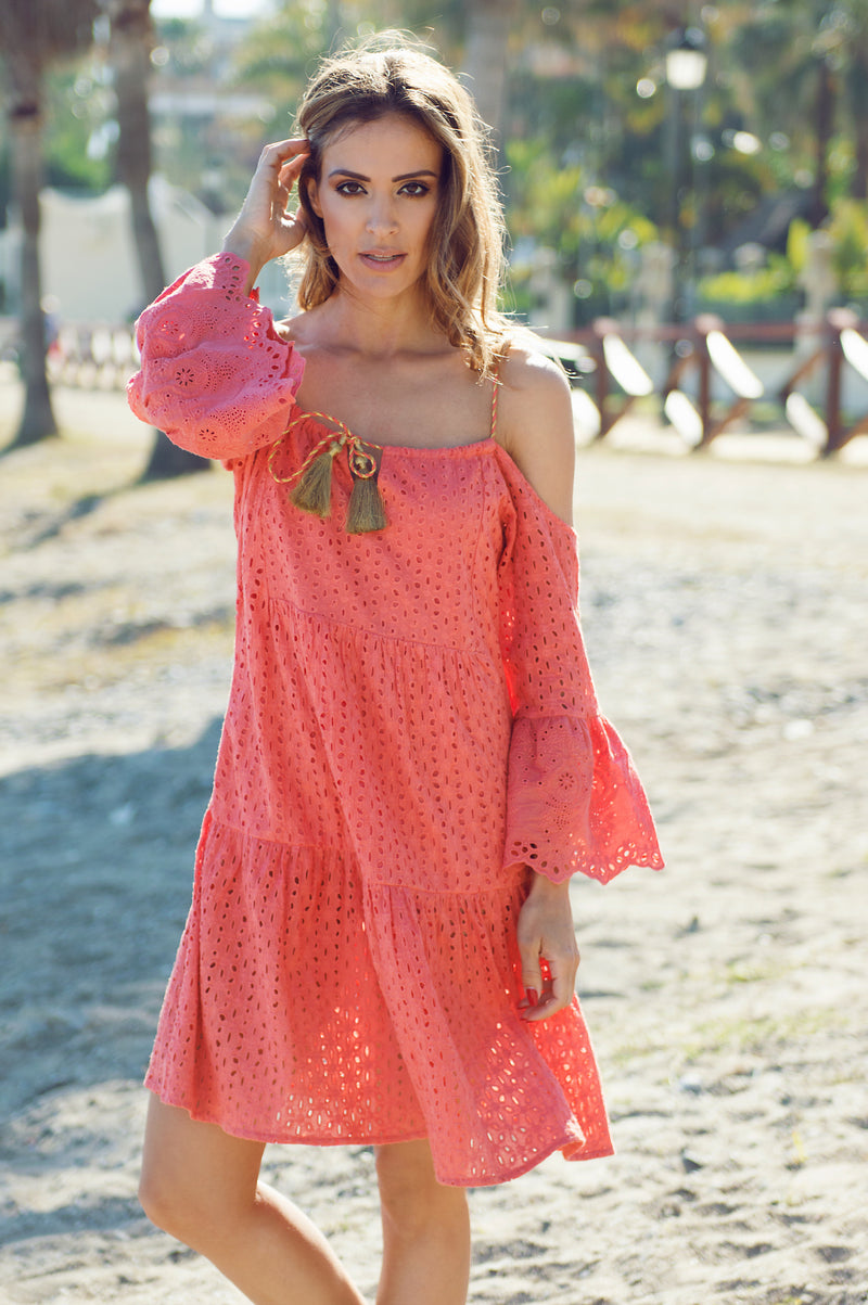Estepona lace cotton beach dress (orange) - Guilty Beach