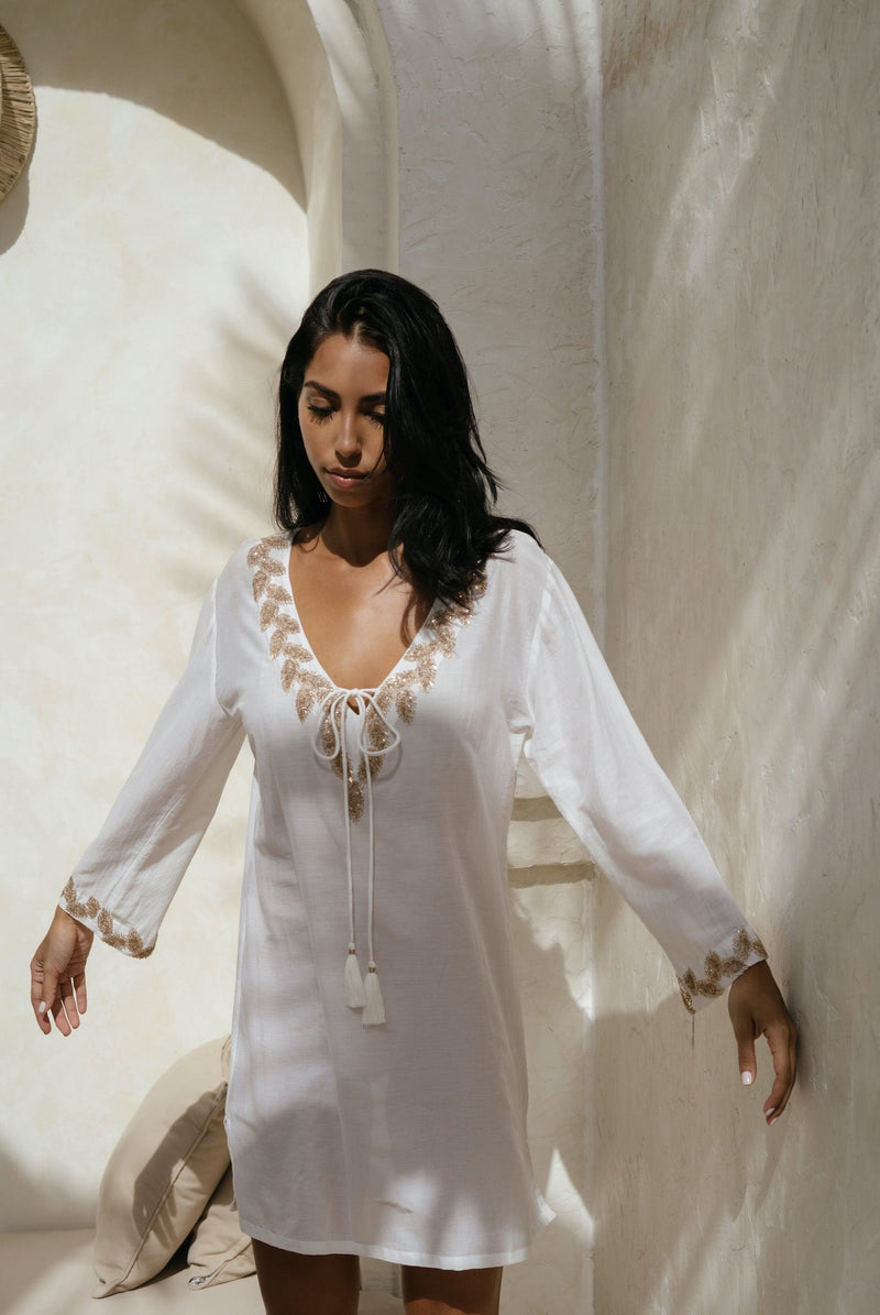 Sirena shirt style designer kaftan (hand beaded) White