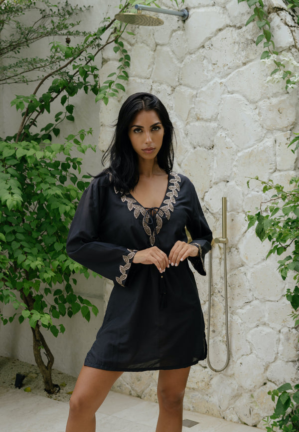Sirena shirt style designer kaftan (hand beaded) Black