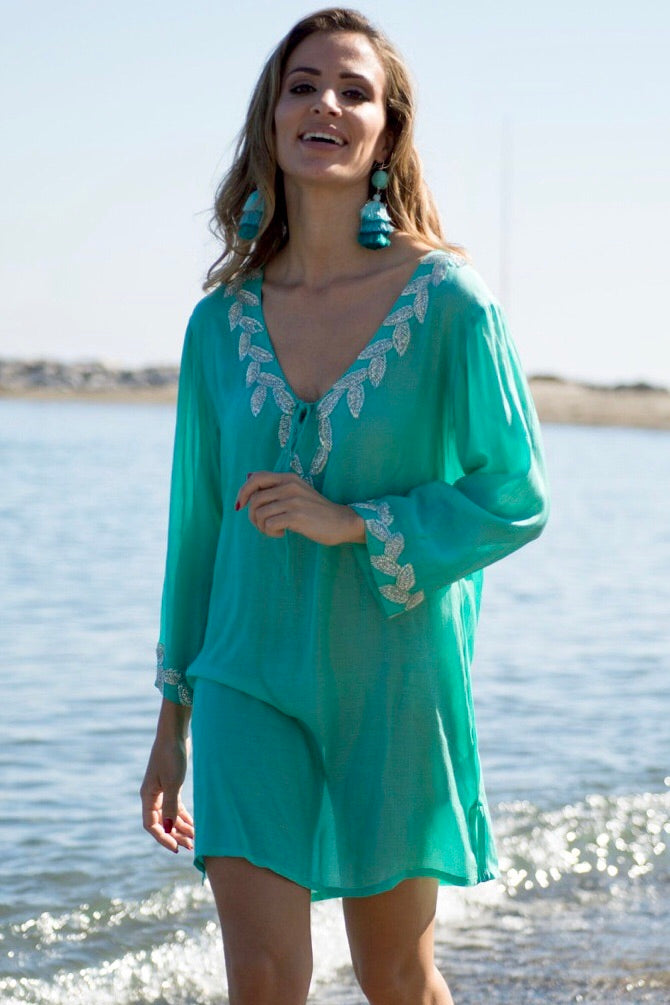 Sirena shirt style designer kaftan (hand beaded) Aqua - Guilty Beach
